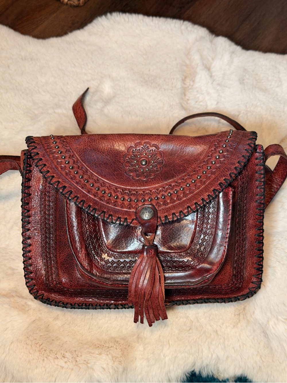 Patricia Nash Distressed Red-Brown Leather Tassel Crossbody
